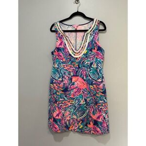 Lilly Pulitzer Harper Dress M Navy Pink‎ Fish Print French Terry Embellished